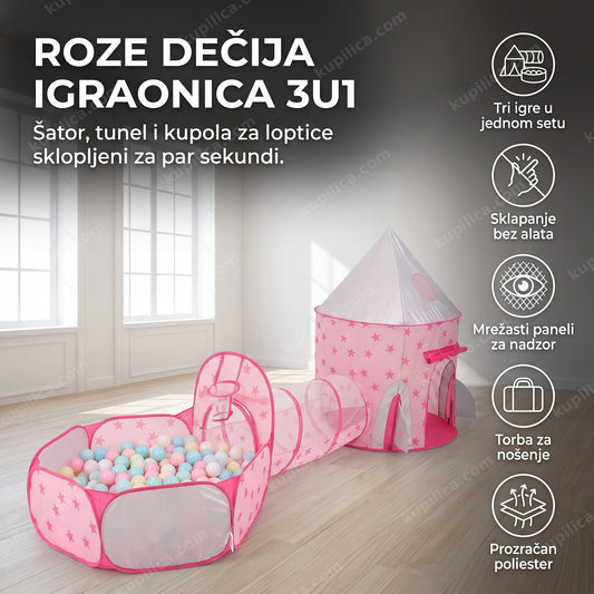 Roze dečija igraonica 3u1 sa šatorom i kupolom za loptice, benefiti proizvoda