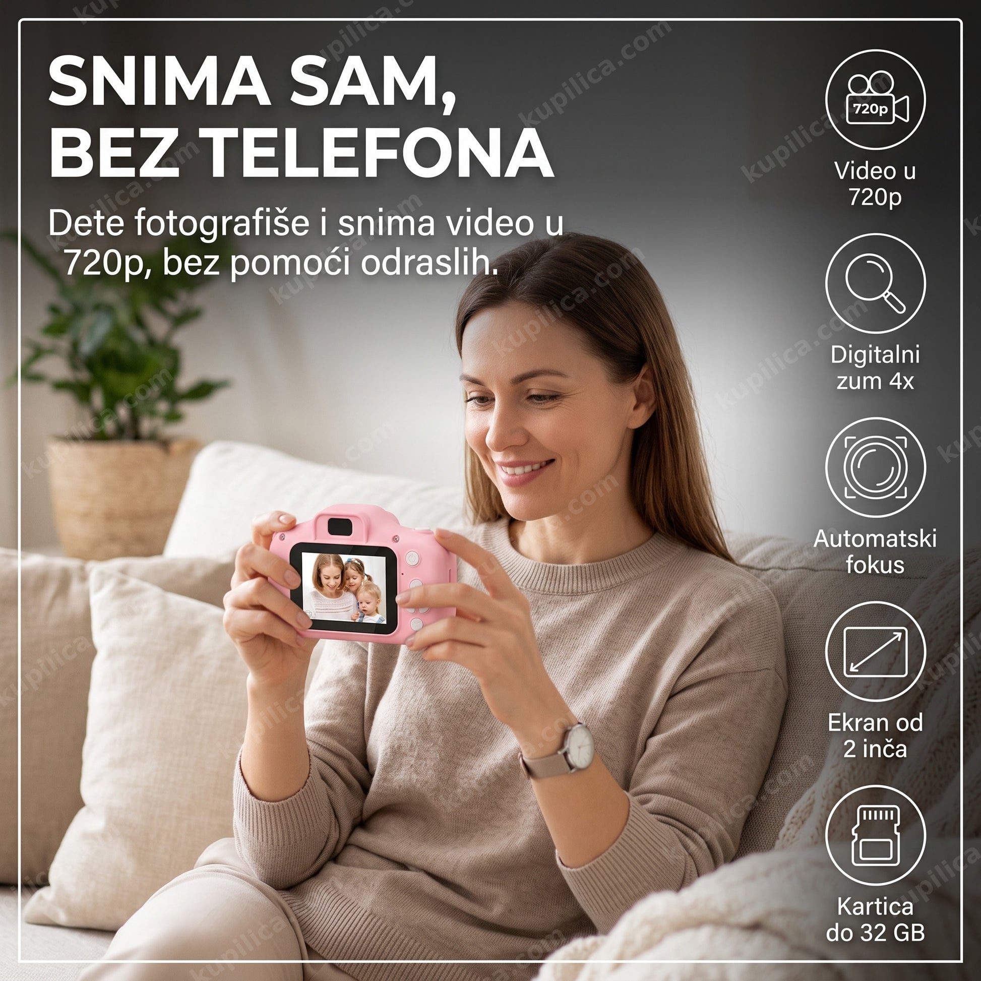 roze dečiji digitalni fotoaparat — snima video u 720p, zum 4x, ekran od 2 inča