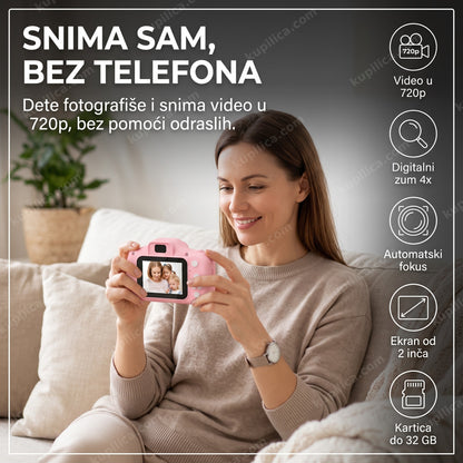 roze dečiji digitalni fotoaparat — snima video u 720p, zum 4x, ekran od 2 inča