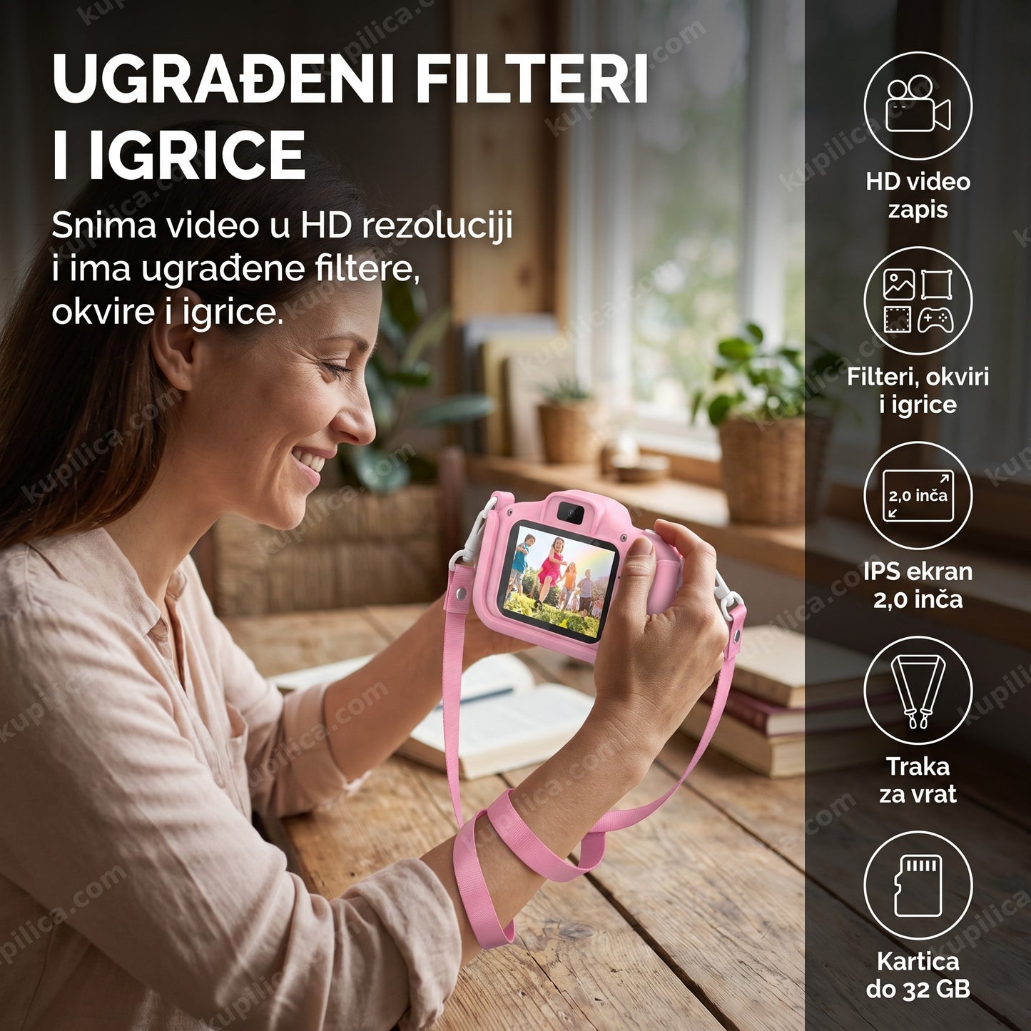 roze dečiji fotoaparat Astronaut — HD video, ugrađeni filteri i igrice, kartica do 32 GB