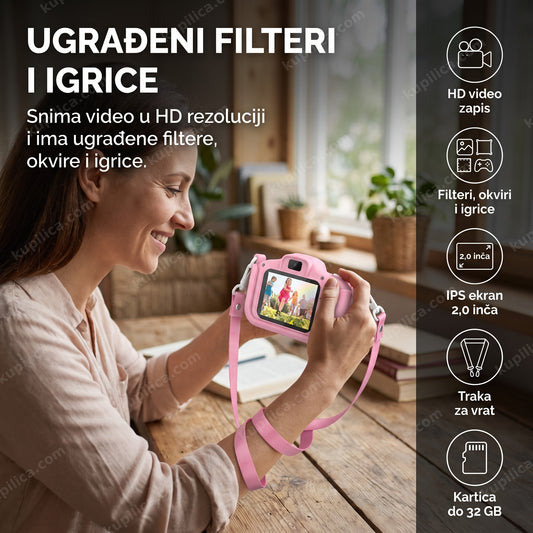 roze dečiji fotoaparat Astronaut — HD video, ugrađeni filteri i igrice, kartica do 32 GB