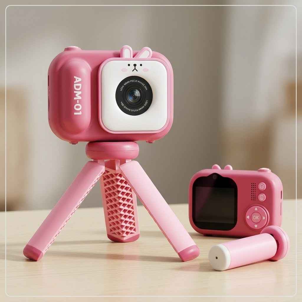 roze dečiji fotoaparat sa stativom — pregled