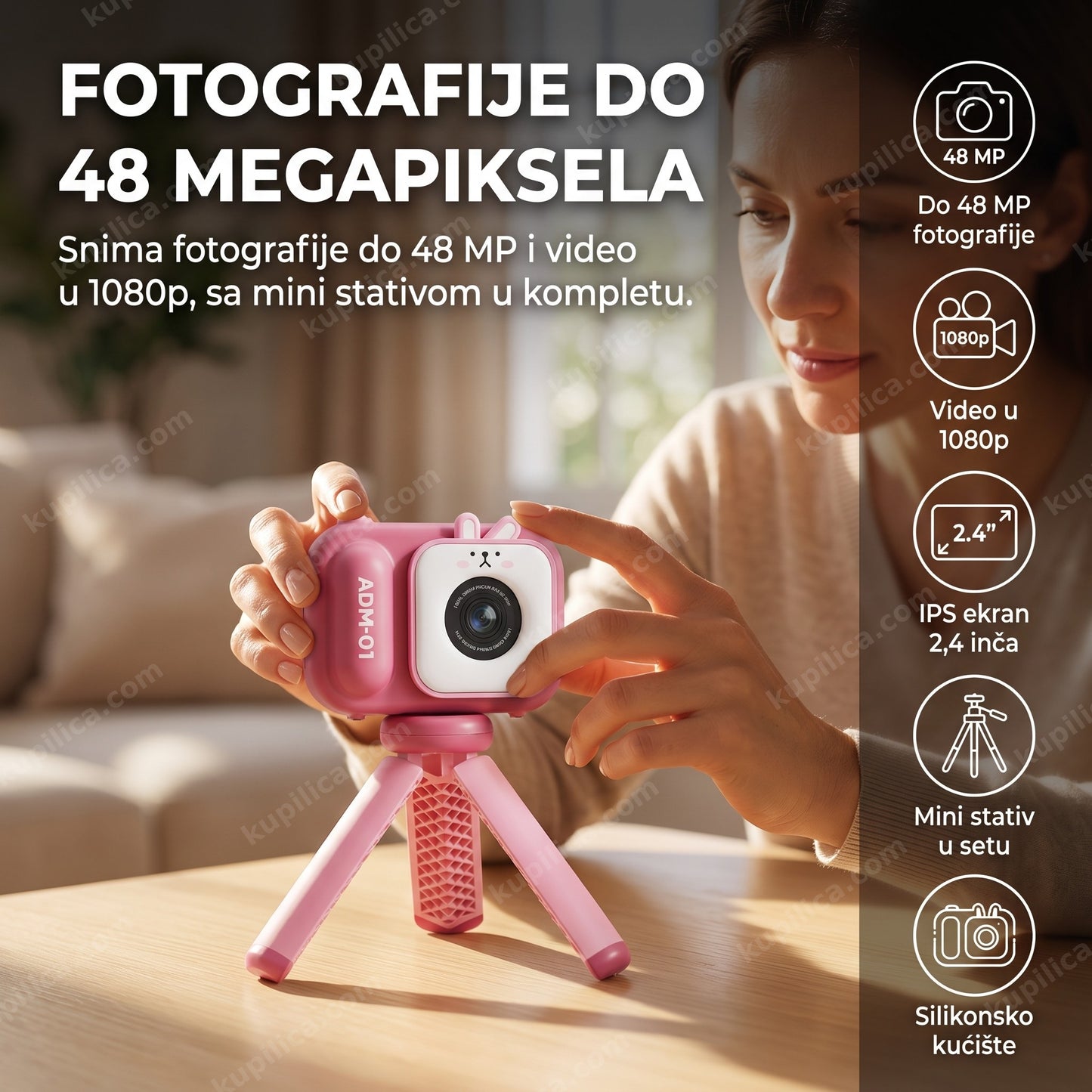 roze dečiji fotoaparat sa mini stativom — fotografije do 48 MP, video 1080p, IPS ekran 2,4 inča