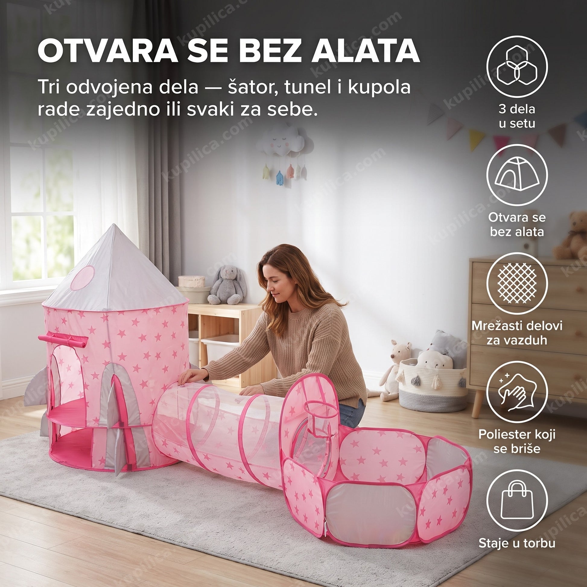 roze dečiji šator sa tunelom i bazenom za loptice — set 3u1, sklapa se bez alata za nekoliko minuta
