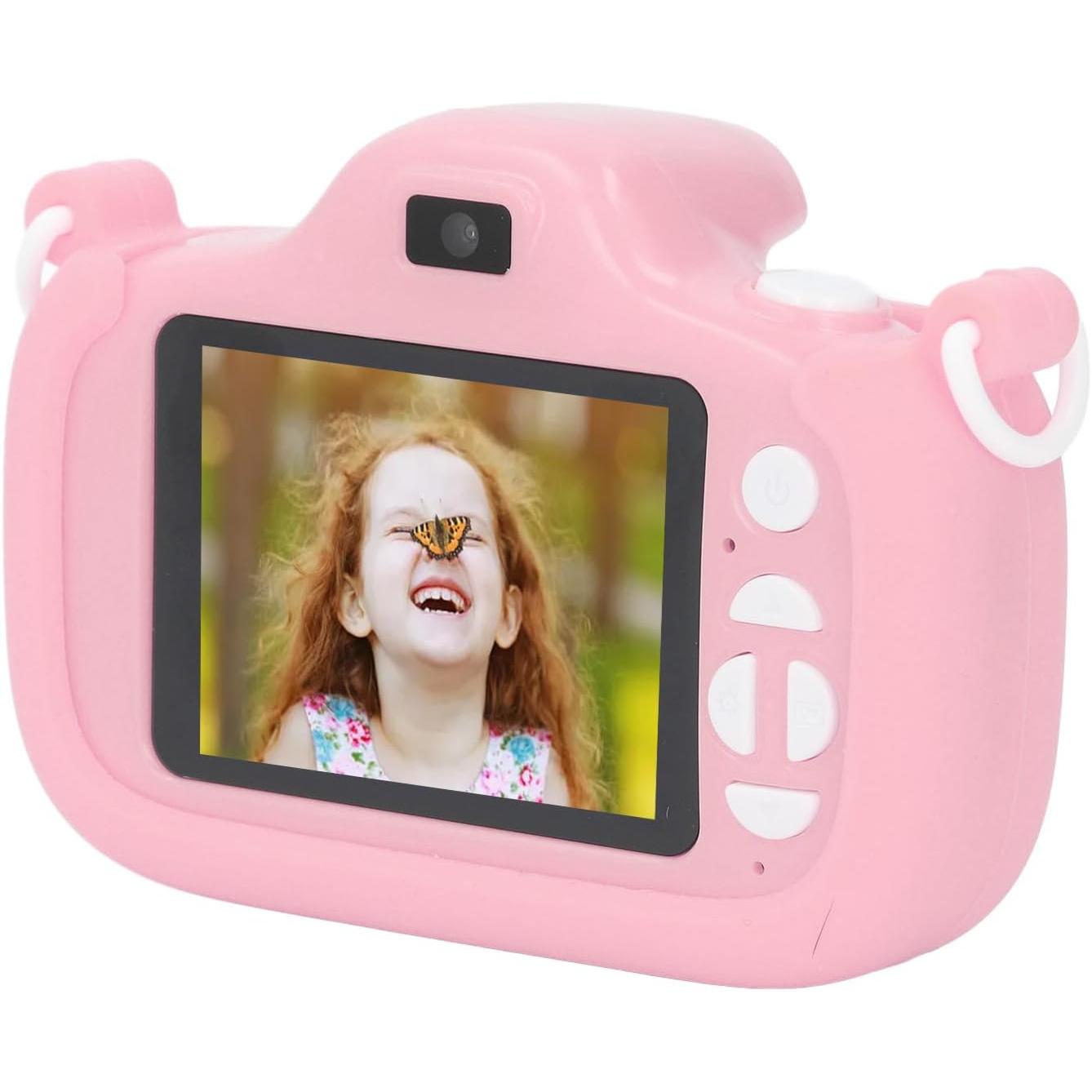 Roze digitalna kamera za decu u upotrebi, snimanje u sobi