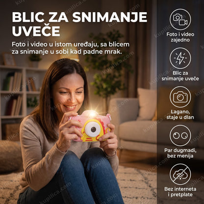 roze digitalna kamera za decu sa blicem — foto i video u istom uređaju, blic za snimanje uveče