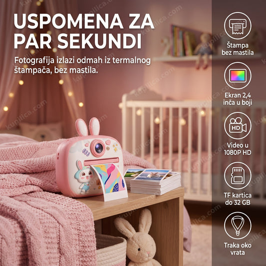 Roze fotoaparat za decu sa motivom zeke na polici, prikaz benefita proizvoda