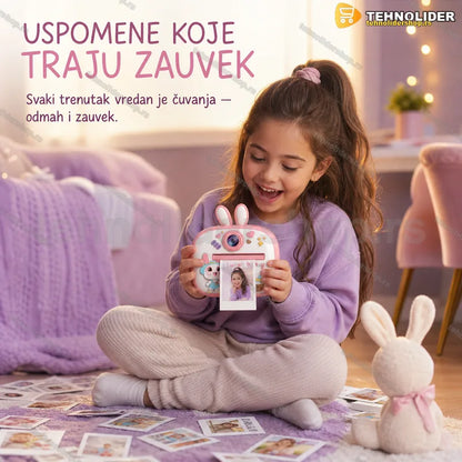 roze fotoaparat za decu sa štampačem — kućište sa motivom zeke