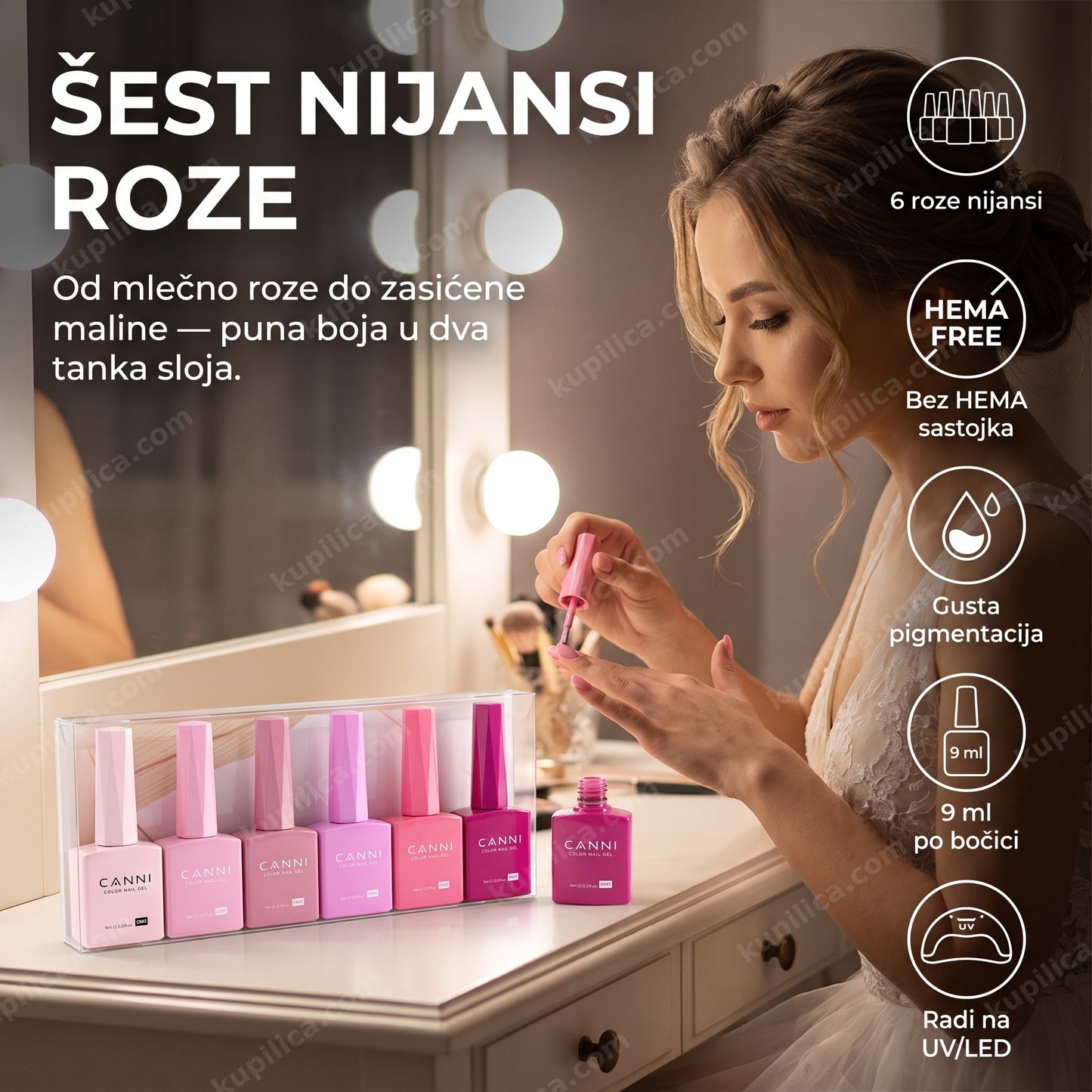 roze gel lak set — žena se sprema za svečanu proslavu, benefiti proizvoda