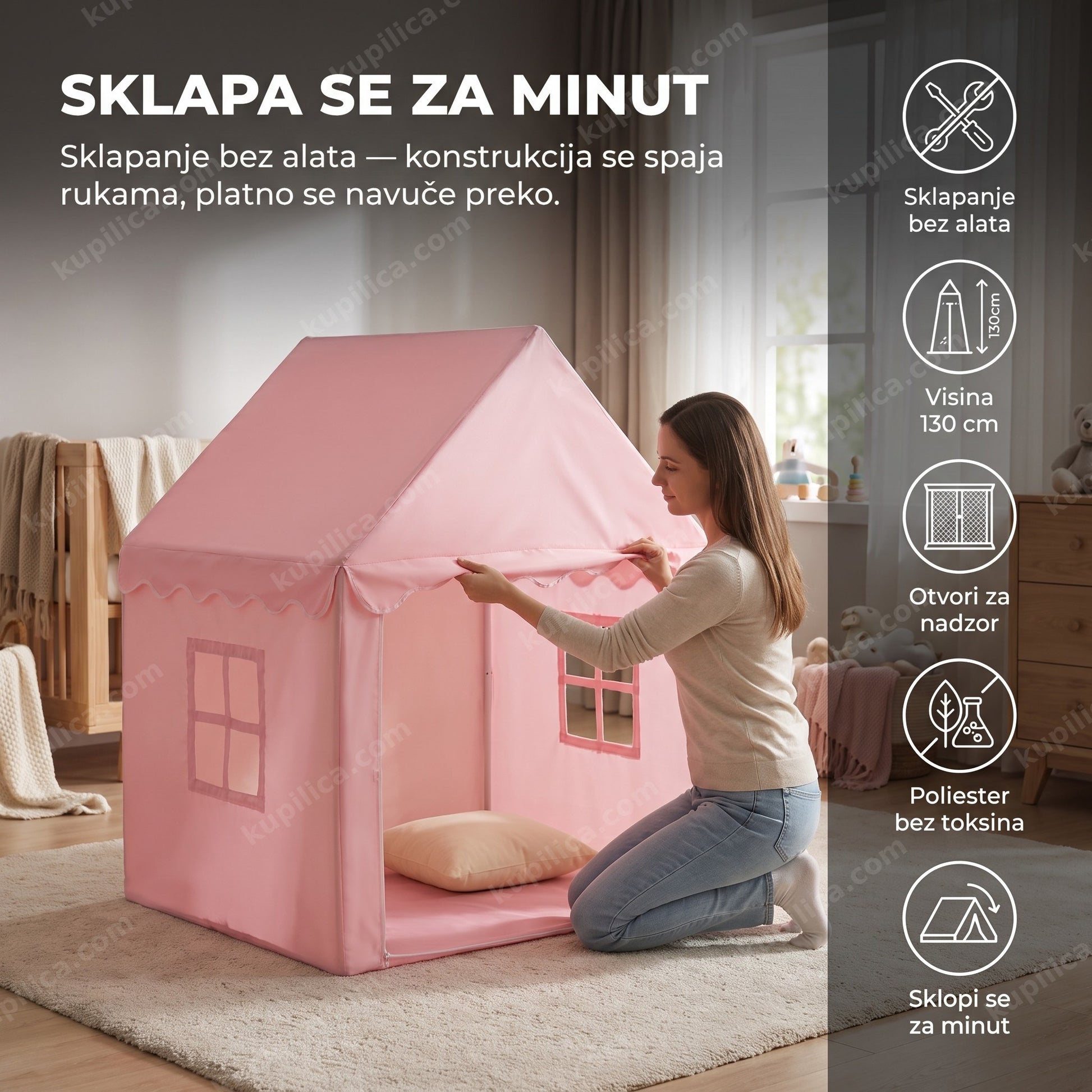 roze šator kućica za decu — sklopiva, visina 130 cm, sklapa se bez alata za nekoliko minuta