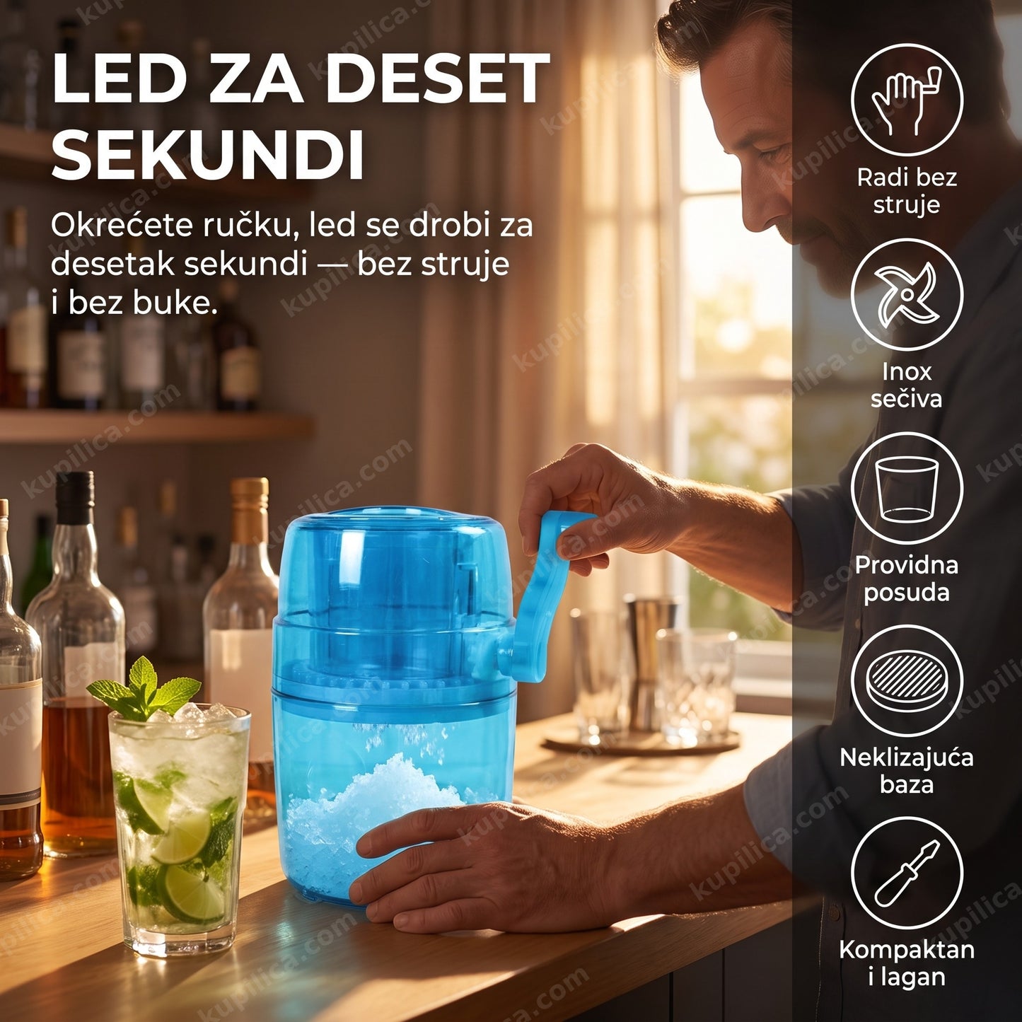 ručna drobilica za led — inox sečiva, radi bez struje, sitan led za desetak sekundi