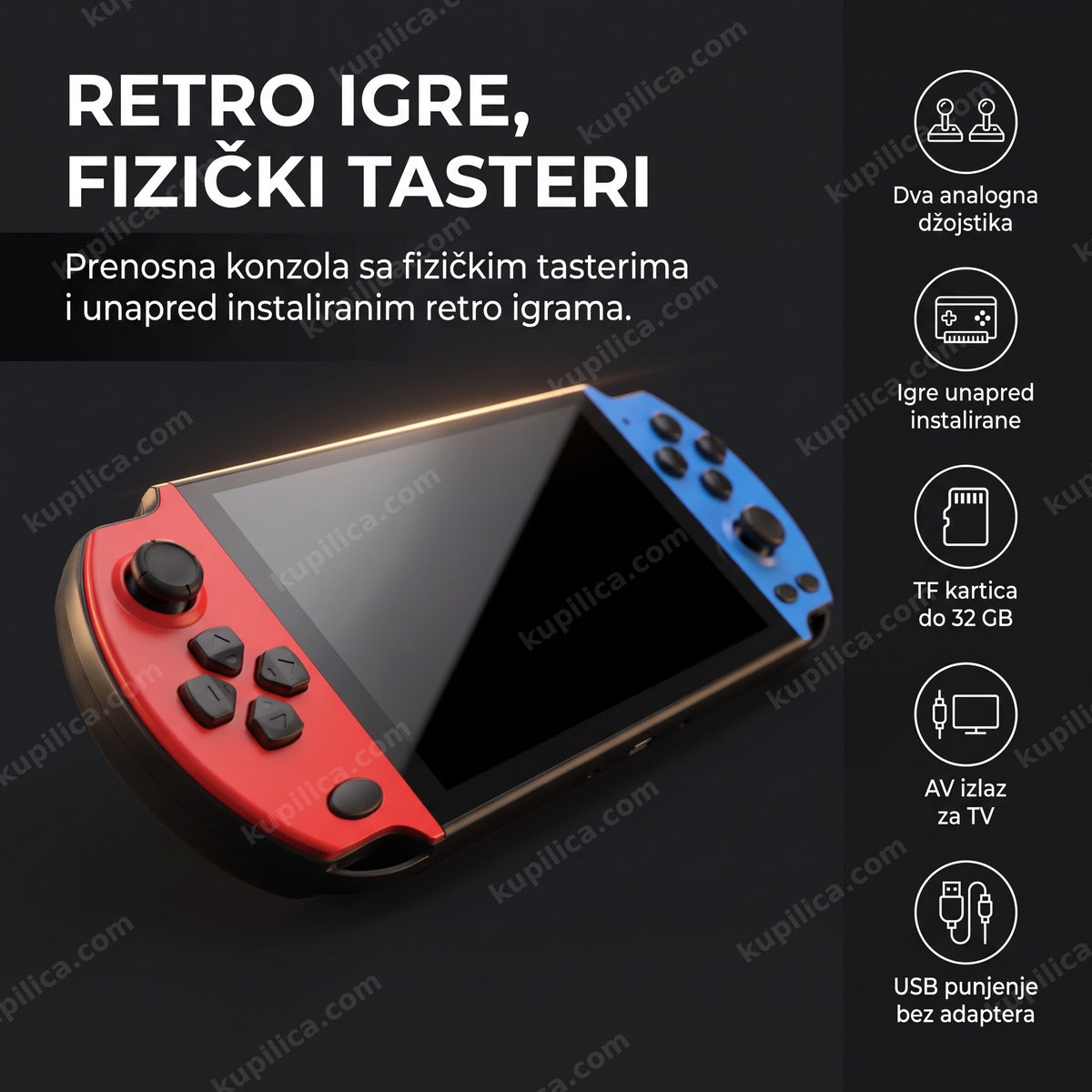 crveno-plava ručna konzola za retro igre sa ugašenim ekranom u krupnom planu