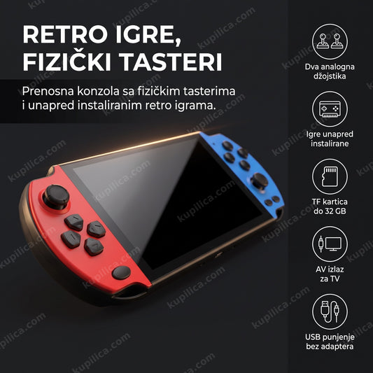 crveno-plava ručna konzola za retro igre sa ugašenim ekranom u krupnom planu
