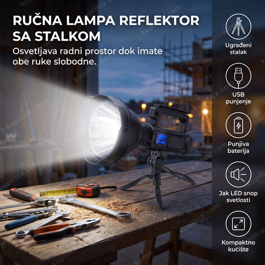 Ručna lampa reflektor na stalku osvetljava radni prostor u sumrak, benefiti proizvoda