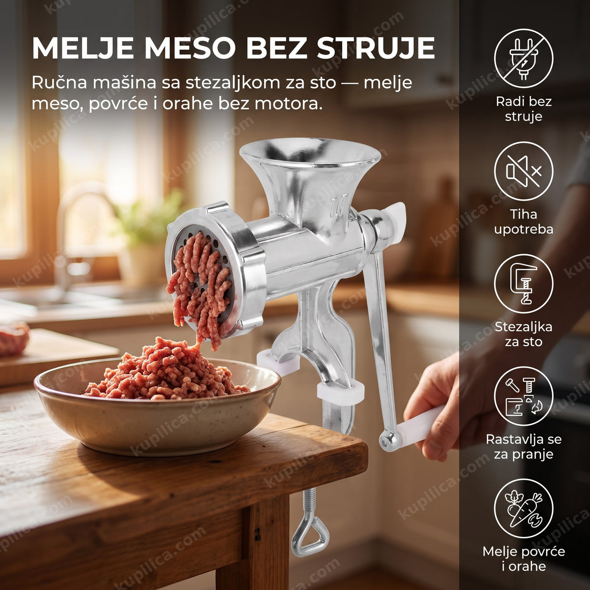 ručna mašina za mlevenje mesa bez struje pričvršćena stezaljkom na kuhinjskom stolu, benefiti proizvoda