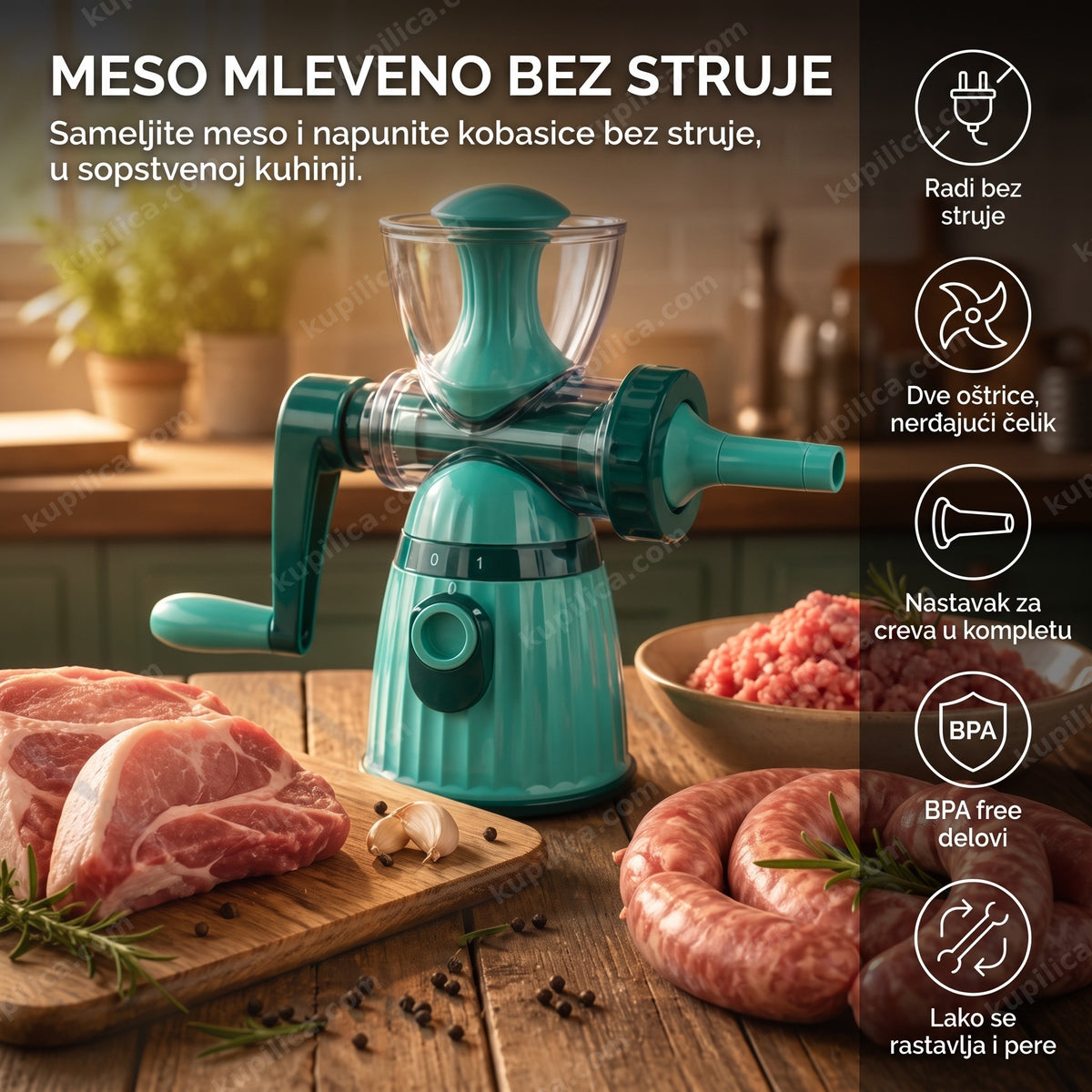 Ručna mašina za mlevenje mesa i punjenje kobasica montirana na kuhinjskom stolu