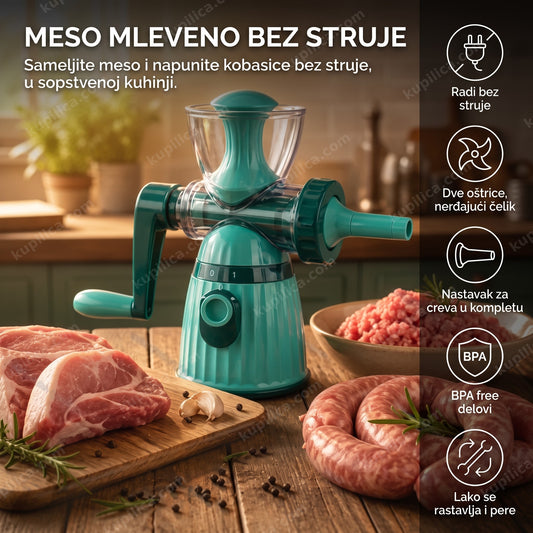 Ručna mašina za mlevenje mesa i punjenje kobasica montirana na kuhinjskom stolu