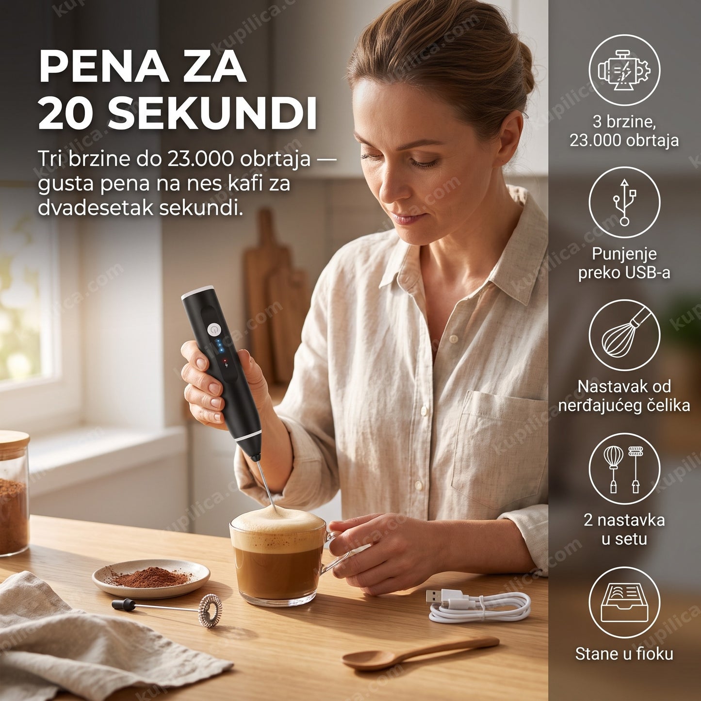 ručna mutilica za kafu na punjenje — gusta pena za nes kafu za 20 sekundi, 3 brzine, 1200 mAh