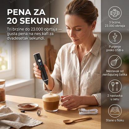 ručna mutilica za kafu na punjenje — gusta pena za nes kafu za 20 sekundi, 3 brzine, 1200 mAh