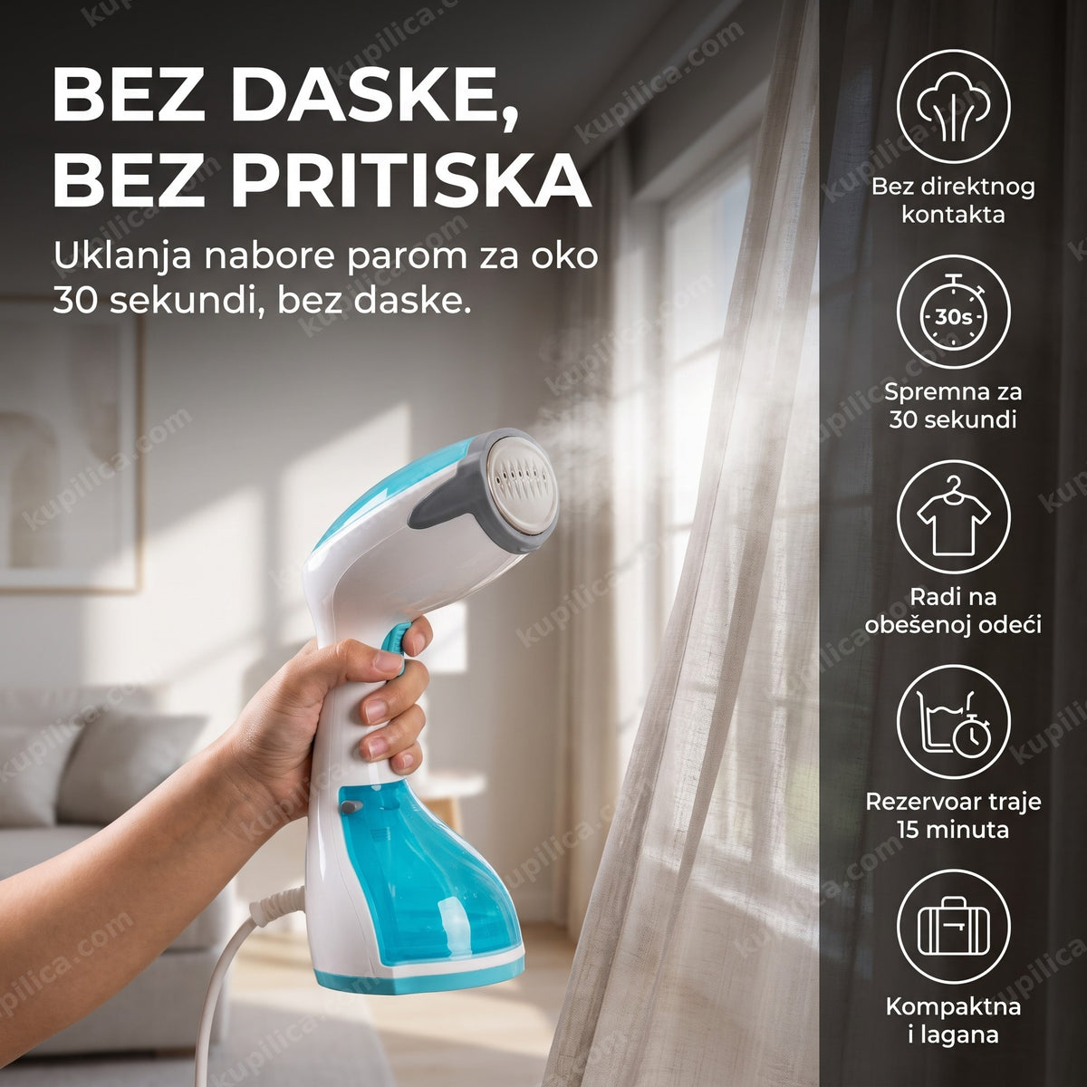 Ručna pegla na paru za zavese okačene na šipci u dnevnoj sobi, benefiti proizvoda