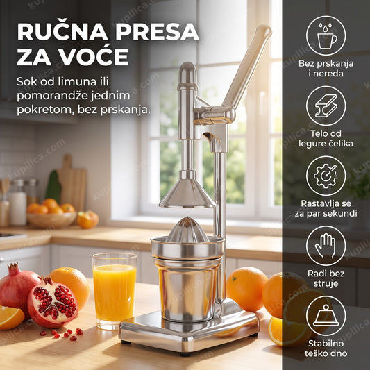 hromirana ručna presa za ceđenje voća sa polugom i narandžama u kuhinji, benefiti proizvoda