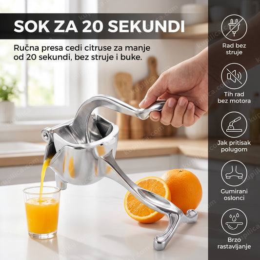 ručna presa za sok cedi pomorandžu u kuhinji, čaša svežeg soka, benefiti proizvoda