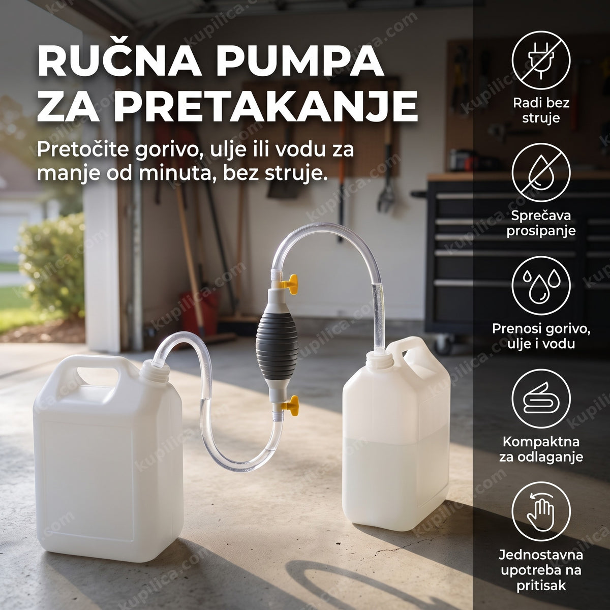 ručna pumpa za pretakanje tečnosti iz kanistera u dvorištu, sipanje goriva bez prosipanja, benefiti proizvoda