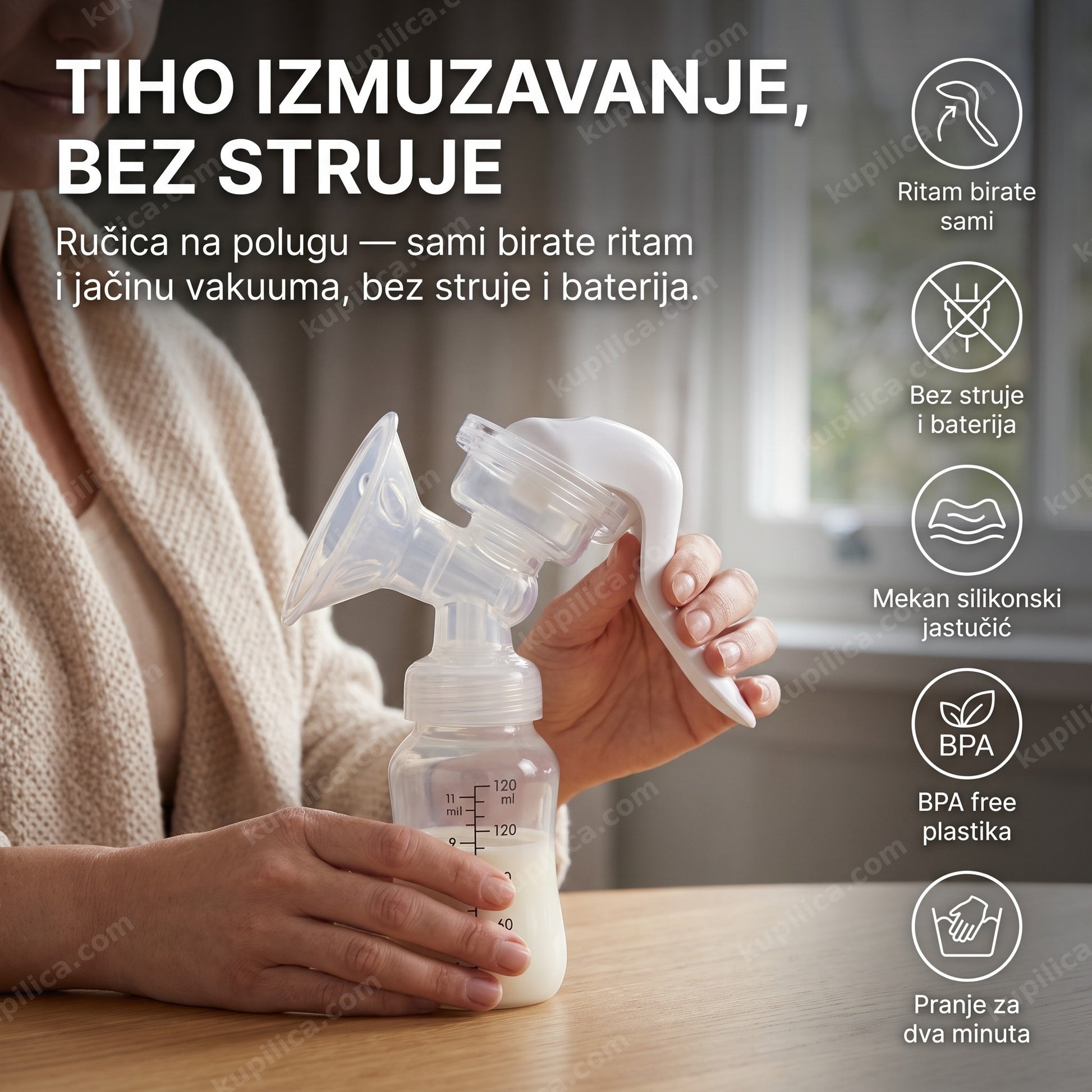 ručna pumpica za izmuzavanje mleka AA-1039 — radi bez struje, mekan silikonski jastučić, pranje za dva minuta
