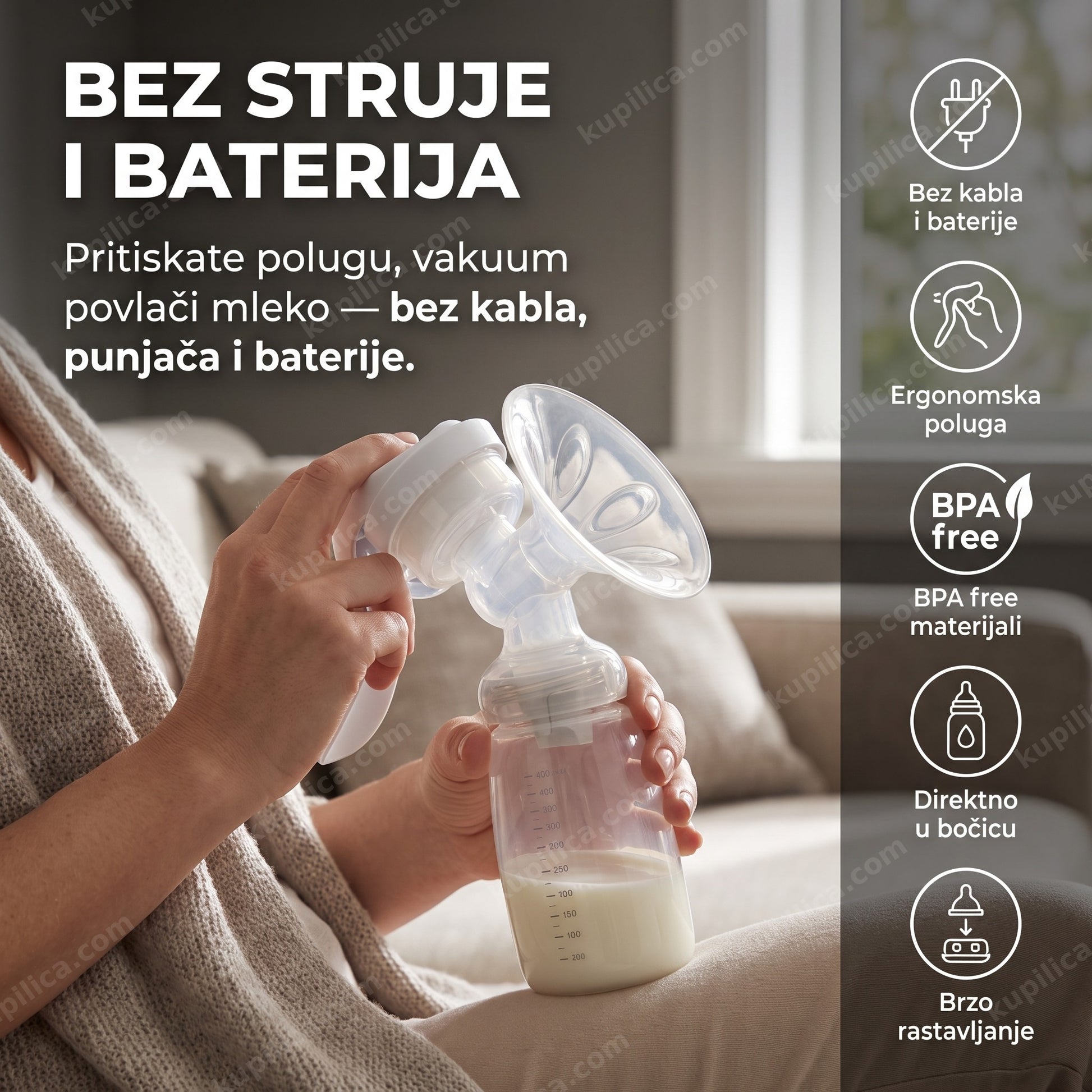 ručna pumpica za izmuzavanje mleka VI278 — radi bez struje i baterija, ergonomska poluga, BPA free materijali