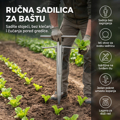 Baštovan sadi rasad ručnom sadilicom za baštu stojeći, benefiti proizvoda