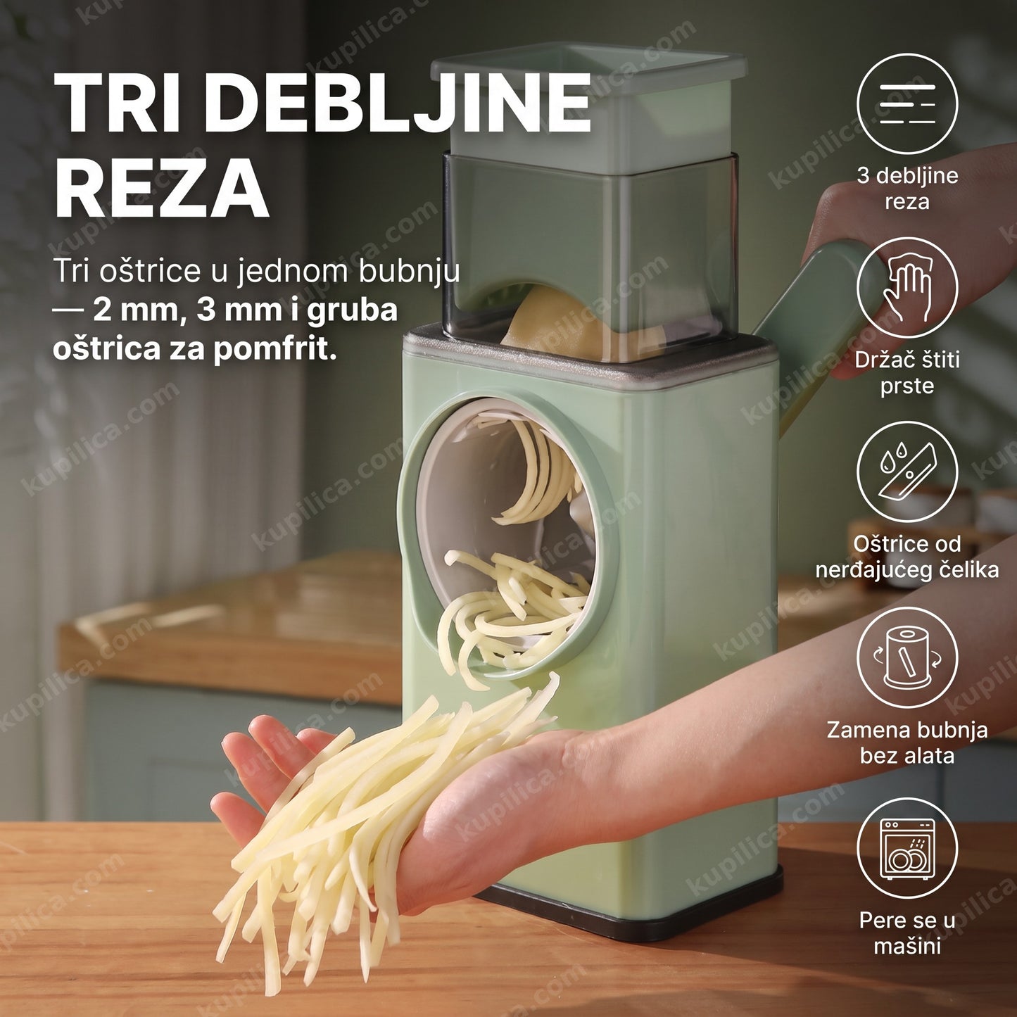 ručna seckalica za povrće sa bubnjem — tri debljine reza, priprema pomfrit bez struje