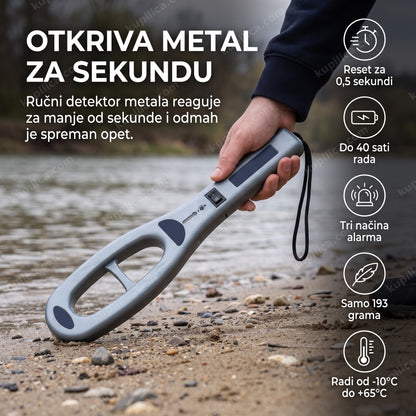 Ručni detektor metala na obali reke pretražuje teren, benefiti proizvoda