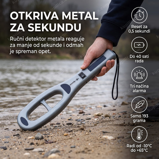 Ručni detektor metala na obali reke pretražuje teren, benefiti proizvoda
