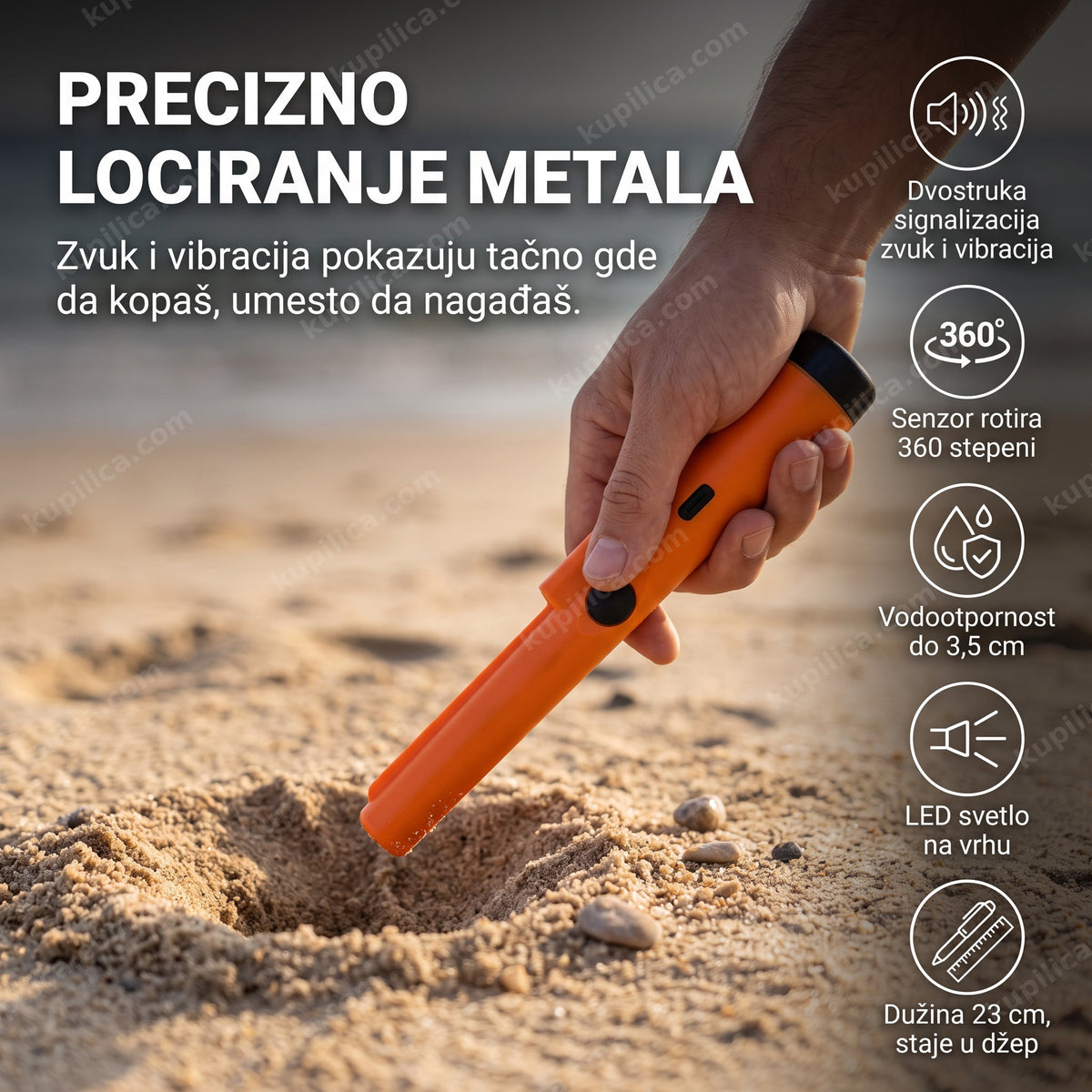 ručni detektor metala pinpointer u upotrebi na plaži, benefiti proizvoda