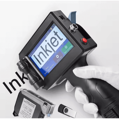 ručni inkjet štampač sa USB memorijom i rezervnim kertridžom pored uređaja