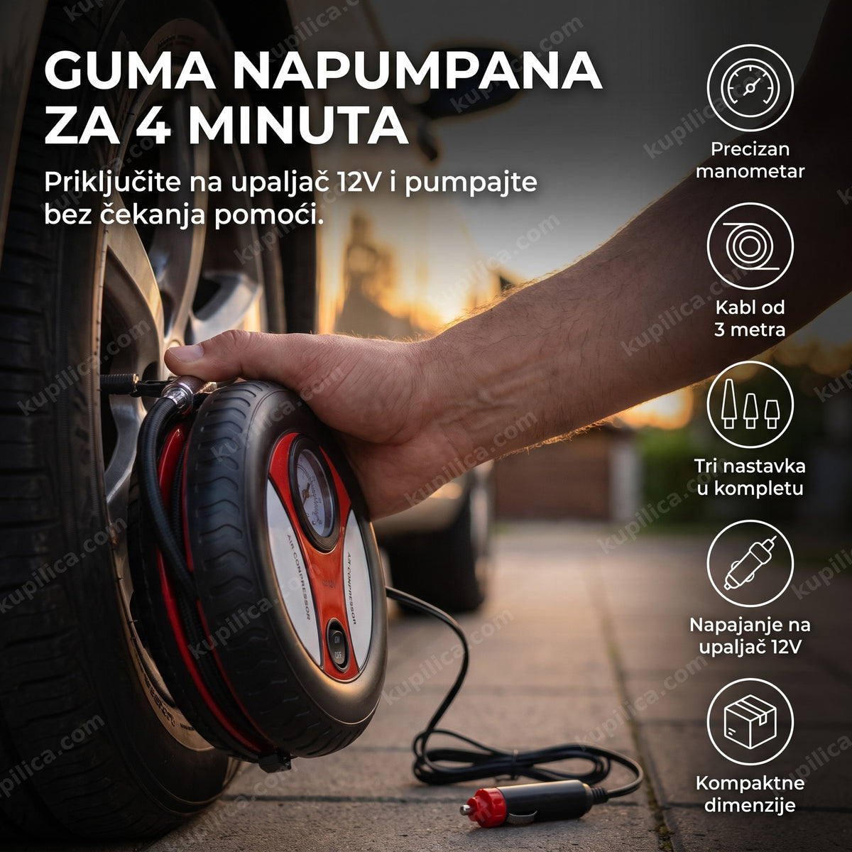Ručni kompresor za auto 12V priključen na gumu pored vozila — benefiti proizvoda