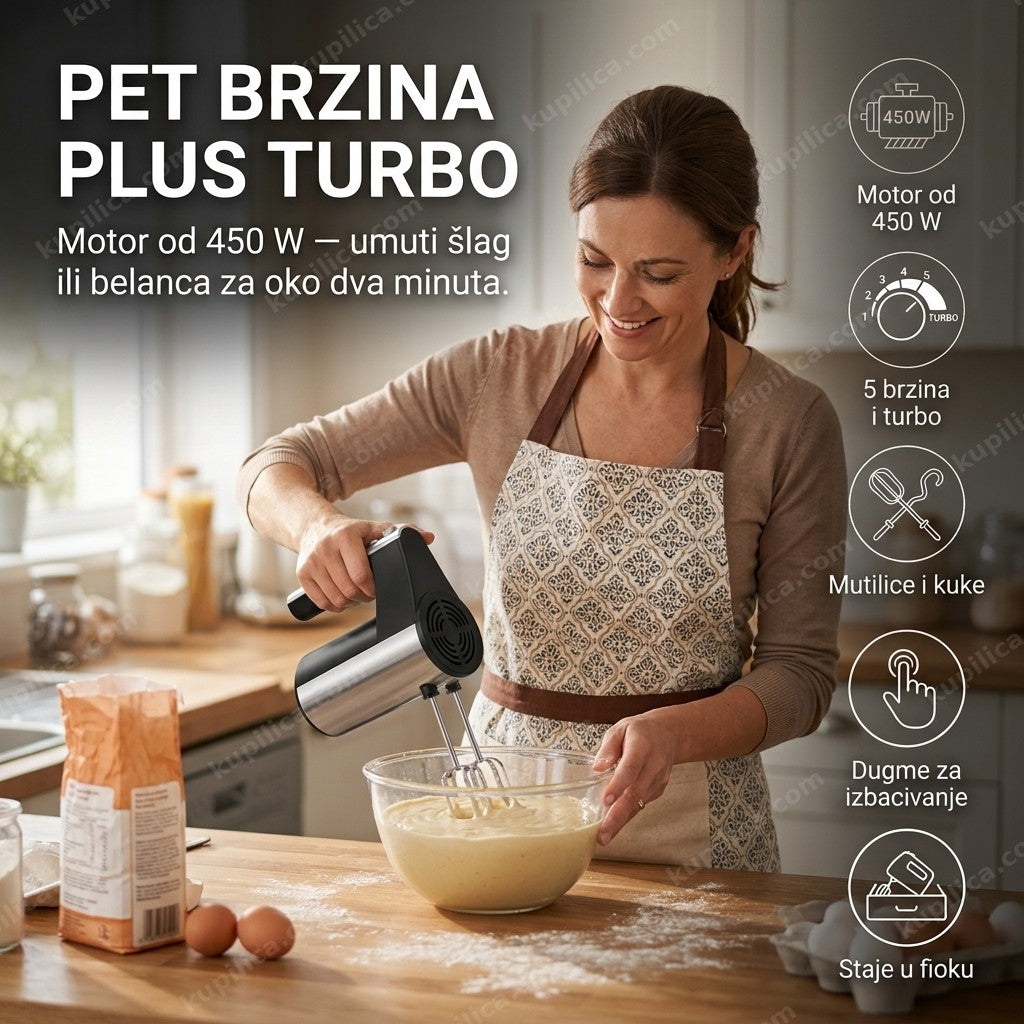 ručni mikser Aorlis AO-78160 — 450W, 5 brzina i turbo, mutilice i kuke za testo u kompletu