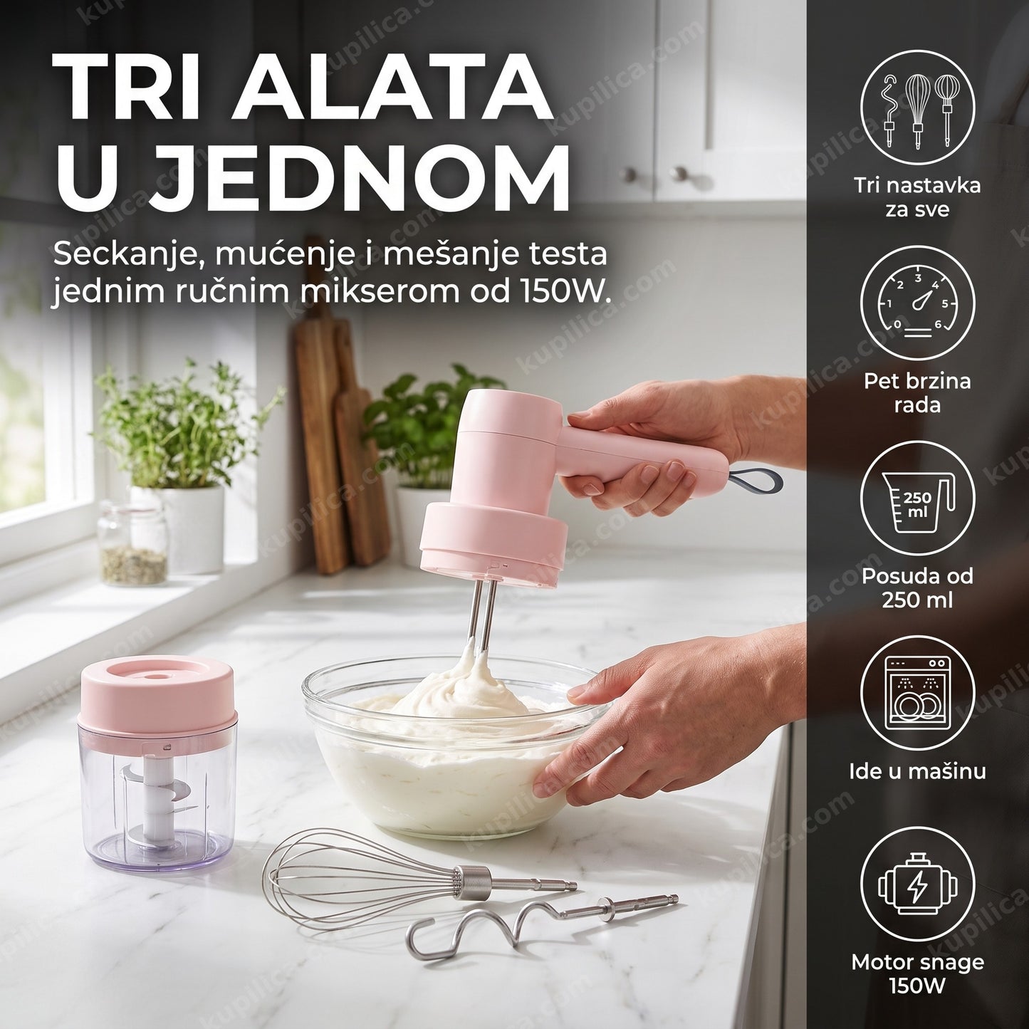 Multifunkcionalni ručni mikser sa tri nastavka, 150W i posudom od 250 ml
