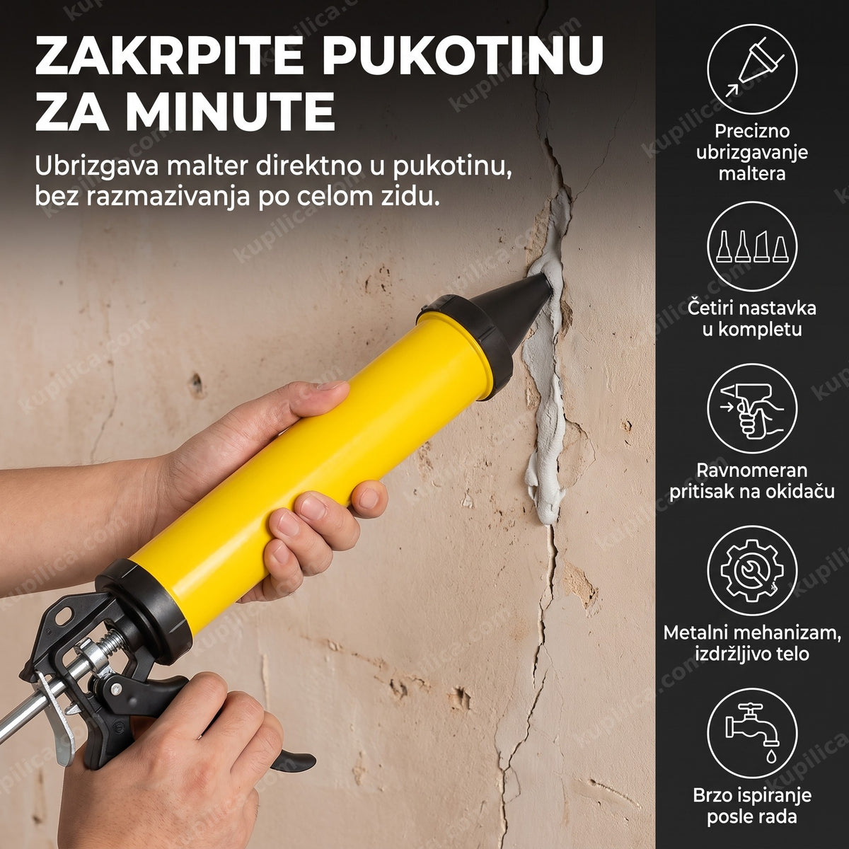 ruka drži žuti ručni pištolj za malter dok krpi pukotinu na zidu, benefiti proizvoda