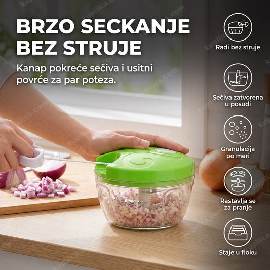 zeleni ručni sečko za povrće iseca luk na kuhinjskom stolu, benefiti proizvoda