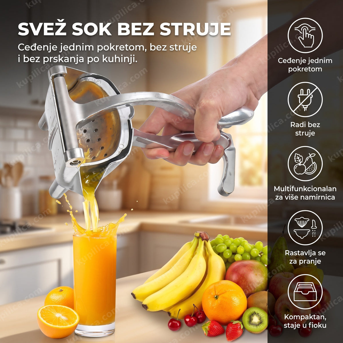 ručni sokovnik cedi sveže voće na kuhinjskom stolu sa prikazanim benefitima proizvoda