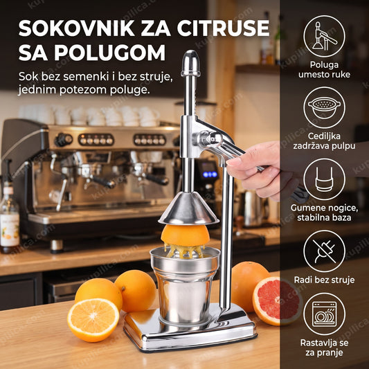 ručni sokovnik za citruse cedi pola narandže na šanku kafića, benefiti proizvoda