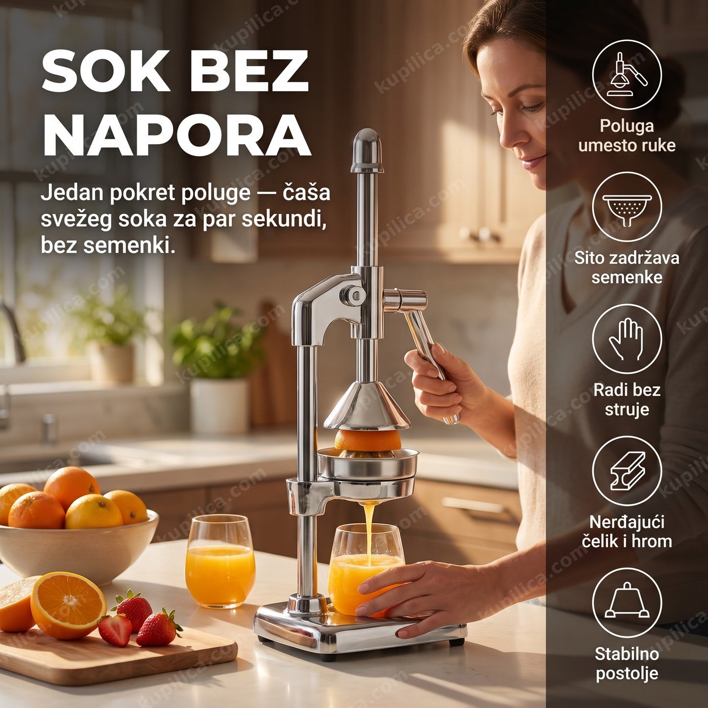 ručni sokovnik za citruse sa polugom — priprema sveže ceđenog soka kod kuće, bez struje