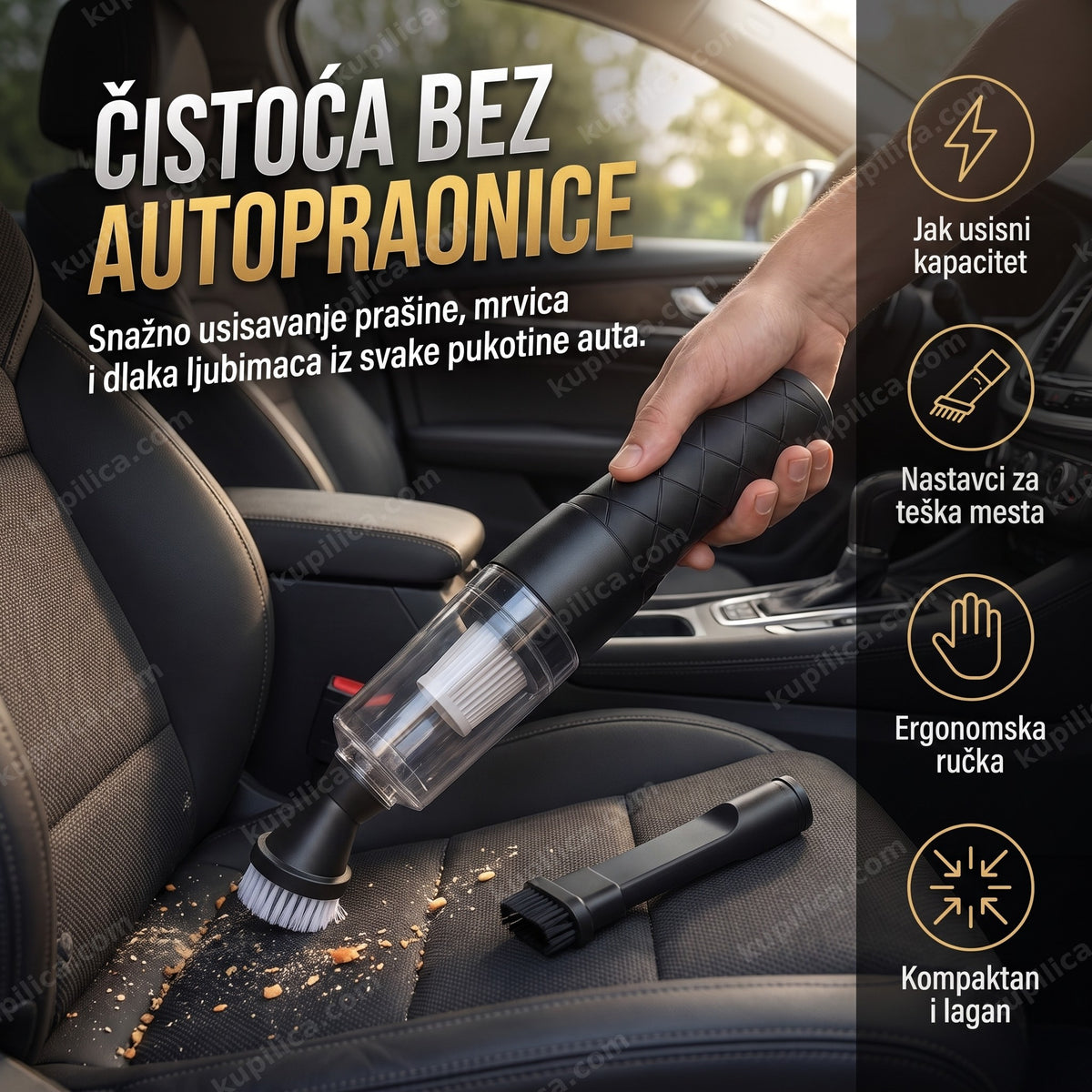 ručni usisivač za auto sa nastavcima — čišćenje sedišta u automobilu