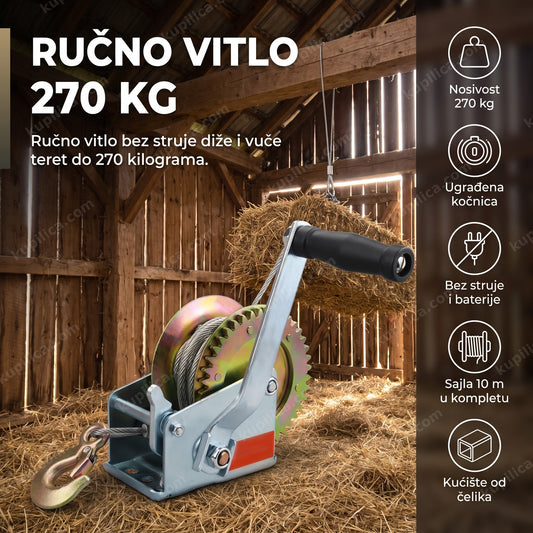 Ručno vitlo 270 kg podiže balu sena preko grede u štali na farmi, benefiti proizvoda