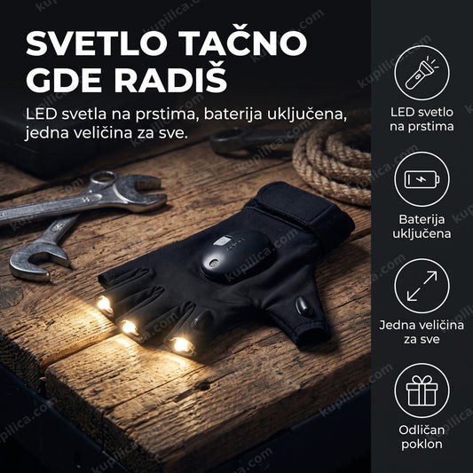 rukavica sa led svetlom za rad u mraku sa upaljenim led diodama na stolu