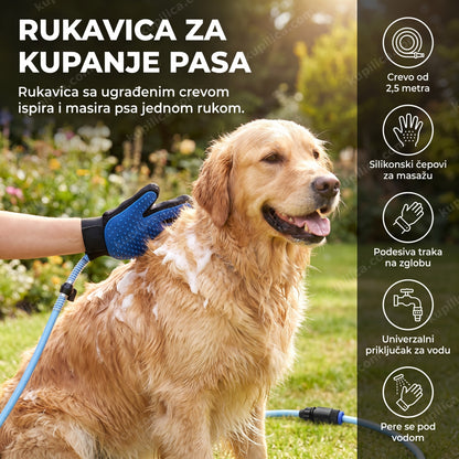 Ruka u plavoj rukavici za kupanje pasa pere zlatnog retrivera u dvorištu, benefiti proizvoda