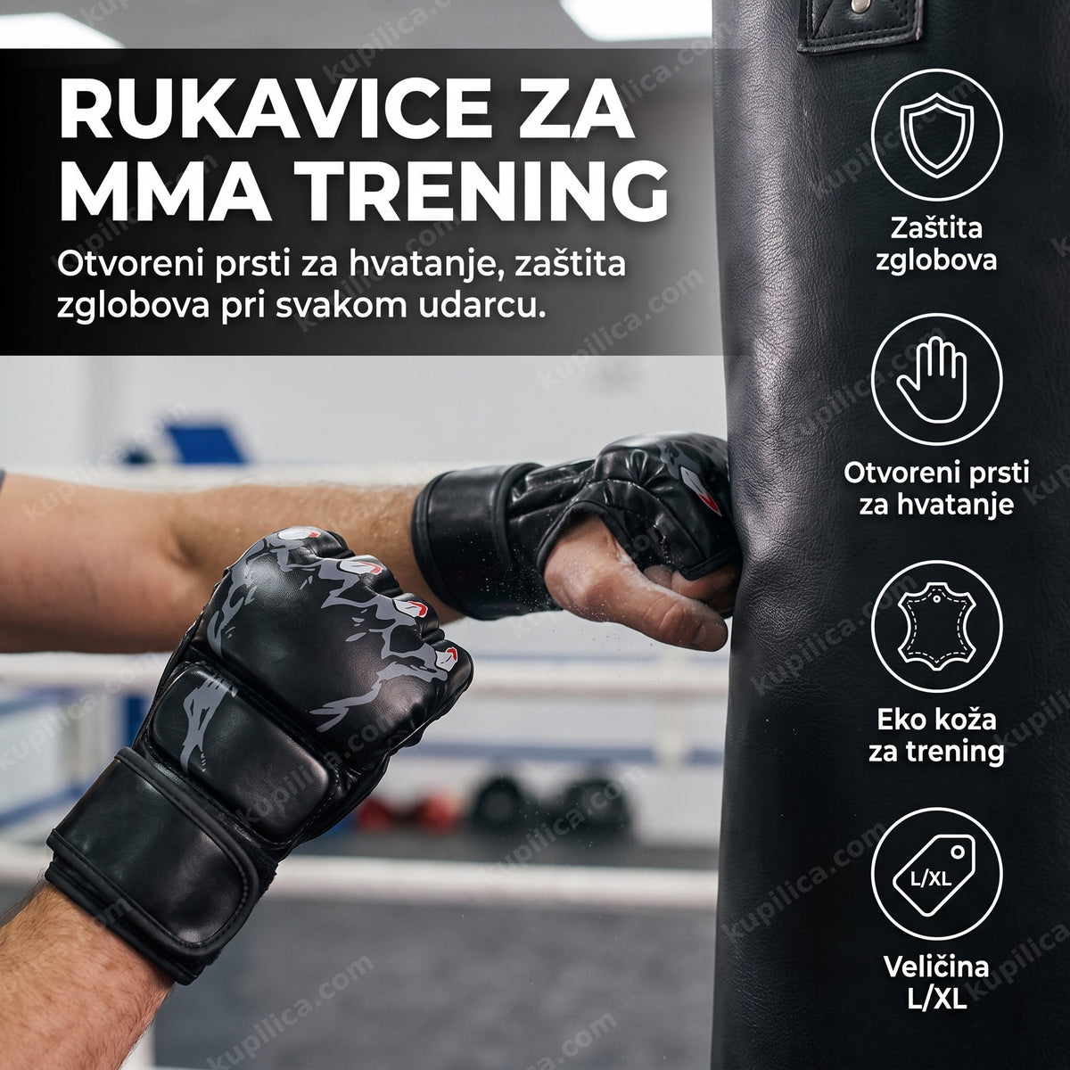 Crne rukavice za MMA bez prstiju udaraju džak u teretani