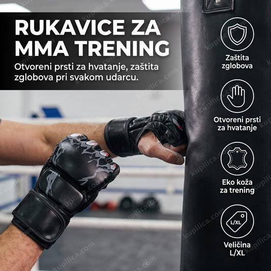 Crne rukavice za MMA bez prstiju udaraju džak u teretani