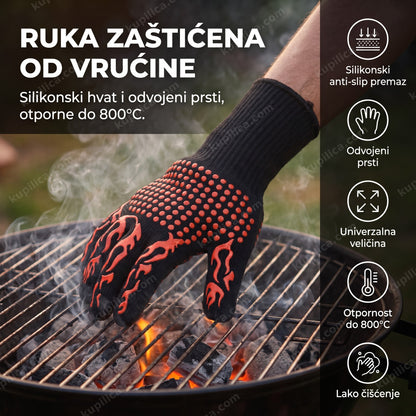 rukavice za roštilj — ruka sa rukavicom drži vrelu rešetku roštilja, benefiti proizvoda